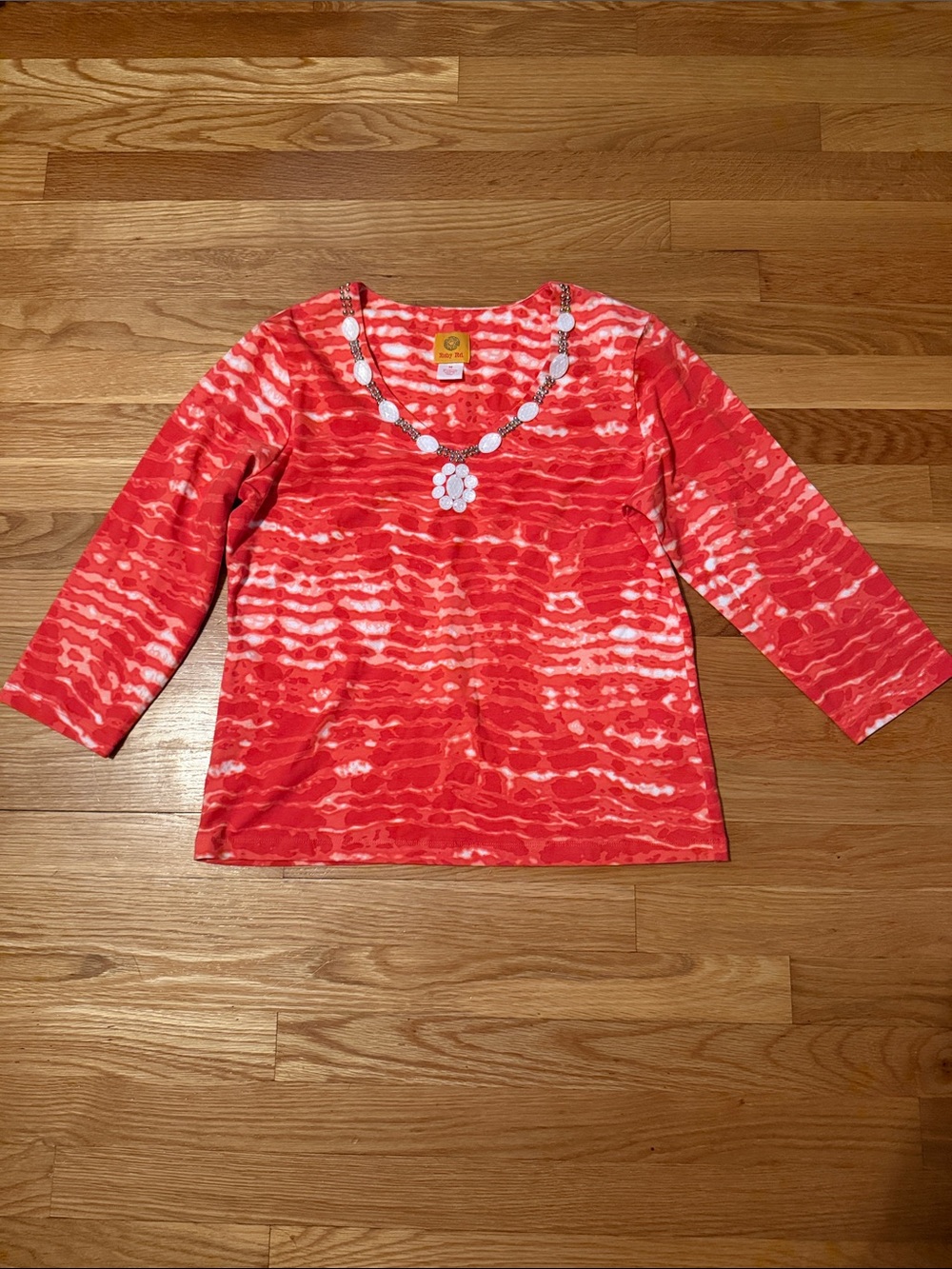 Ruby Rd. Coral and White Tie-Dye Top with Necklace Print